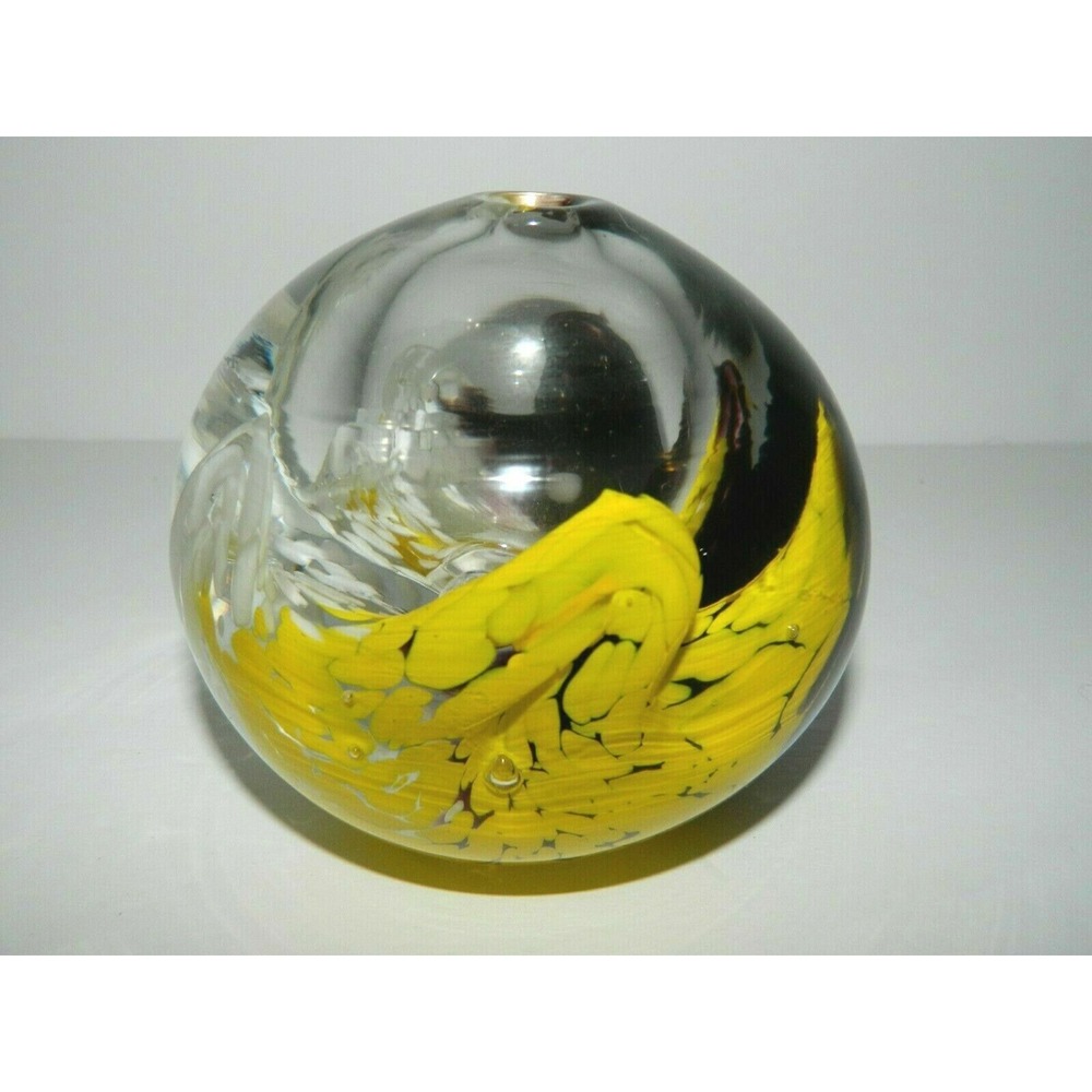 Vintage Hand Blown Glass Paperweight Swirl Waves Open hole on Top Yellow